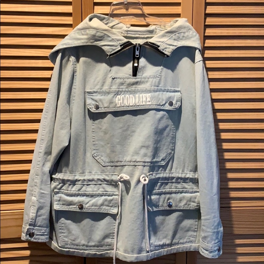 Jean quarter zip pullover w adjustable waist/hood